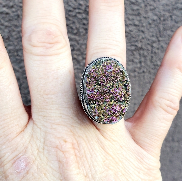 New Titanium Druzy 925 Silver Statement Ring. - Picture 5 of 12